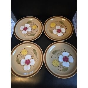 4 Vtg Hearthside Stoneware Dogwood Salad Plates 7 1/2" Grannycore Japan 70s
